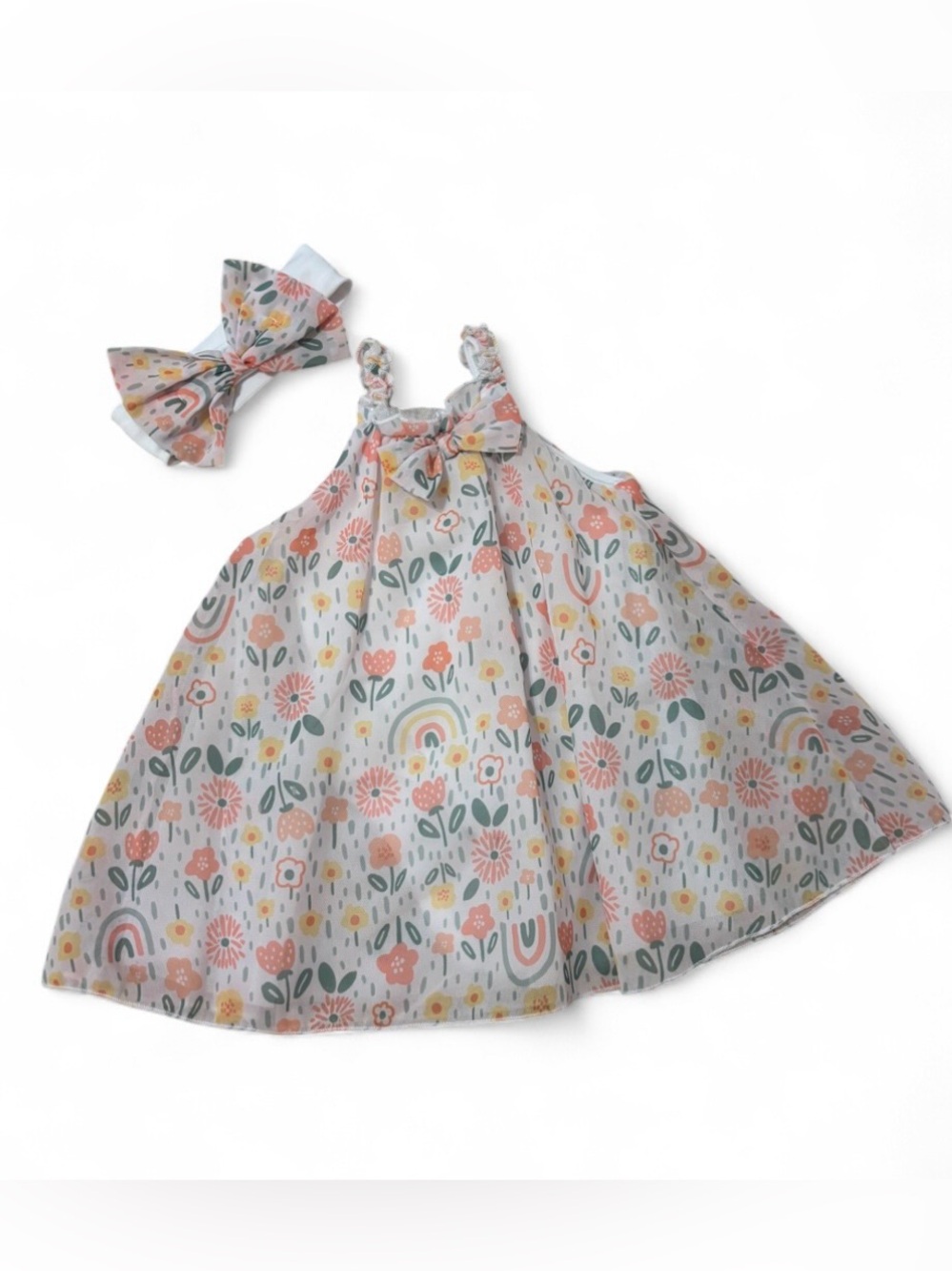 Floral Rainbow Print Baby Girl Dress with Bow Headband - Pink & Green